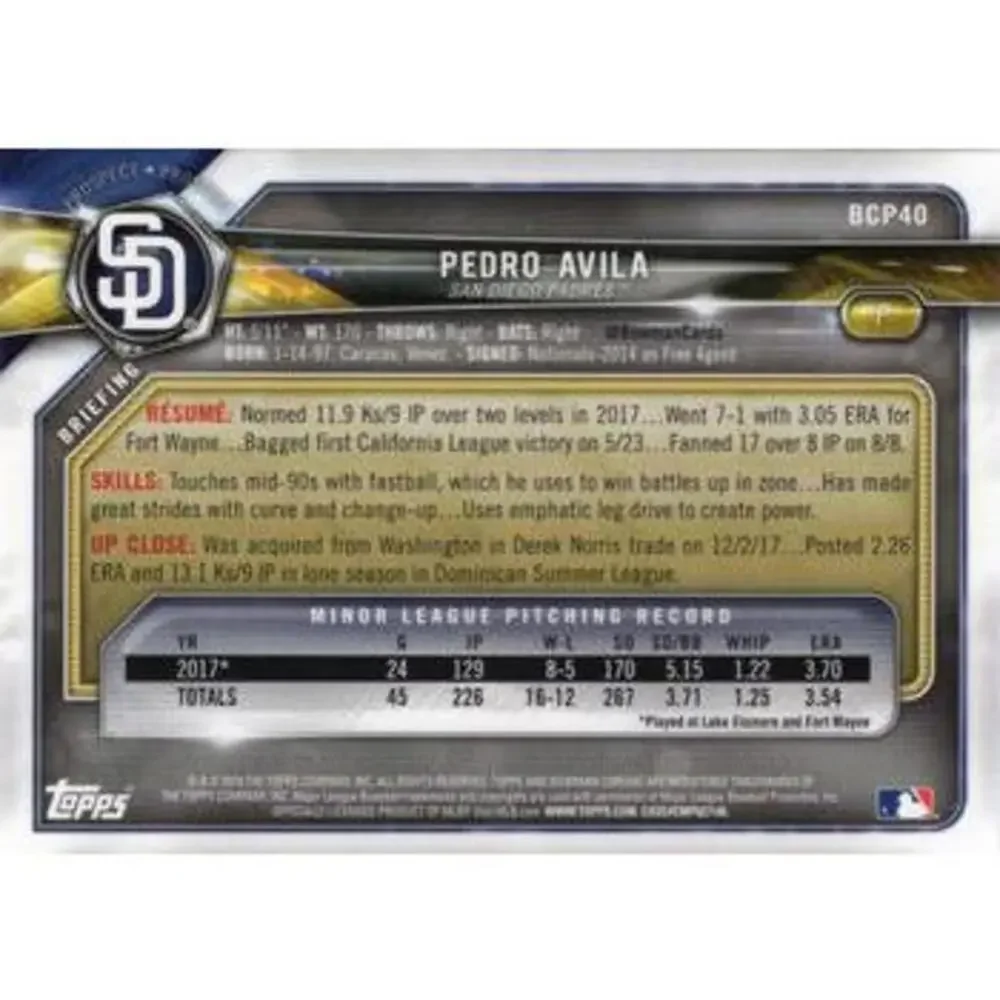 2018 Bowman Chrome Prospects Pedro Avila BCP40 San Diego Padres
